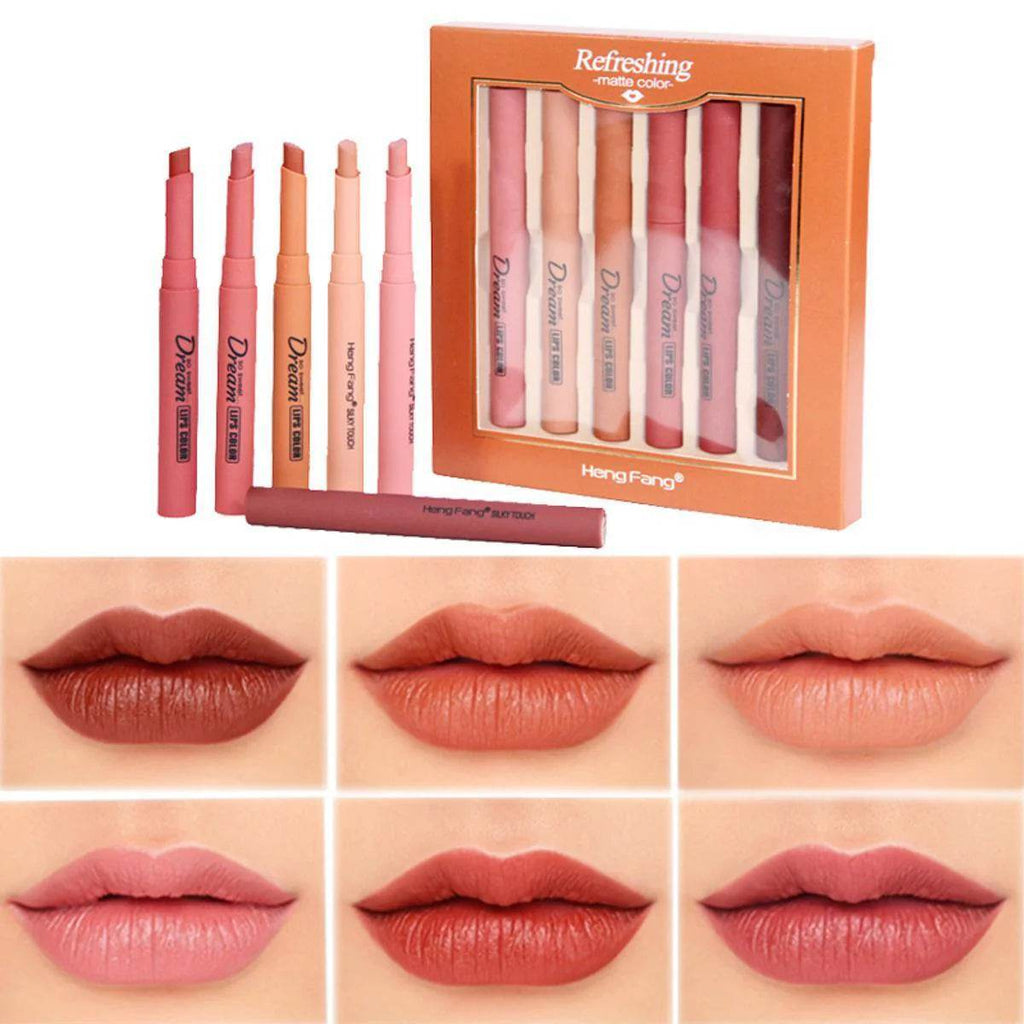 Heng Fang 6-PC Matte Lip Crayon Set: Nude & Bold, Long-Lasting Comfort